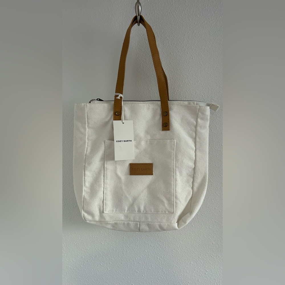 Cozy Earth Cream Canvas Tote with Tan Leather Handles - Picture 1 of 4